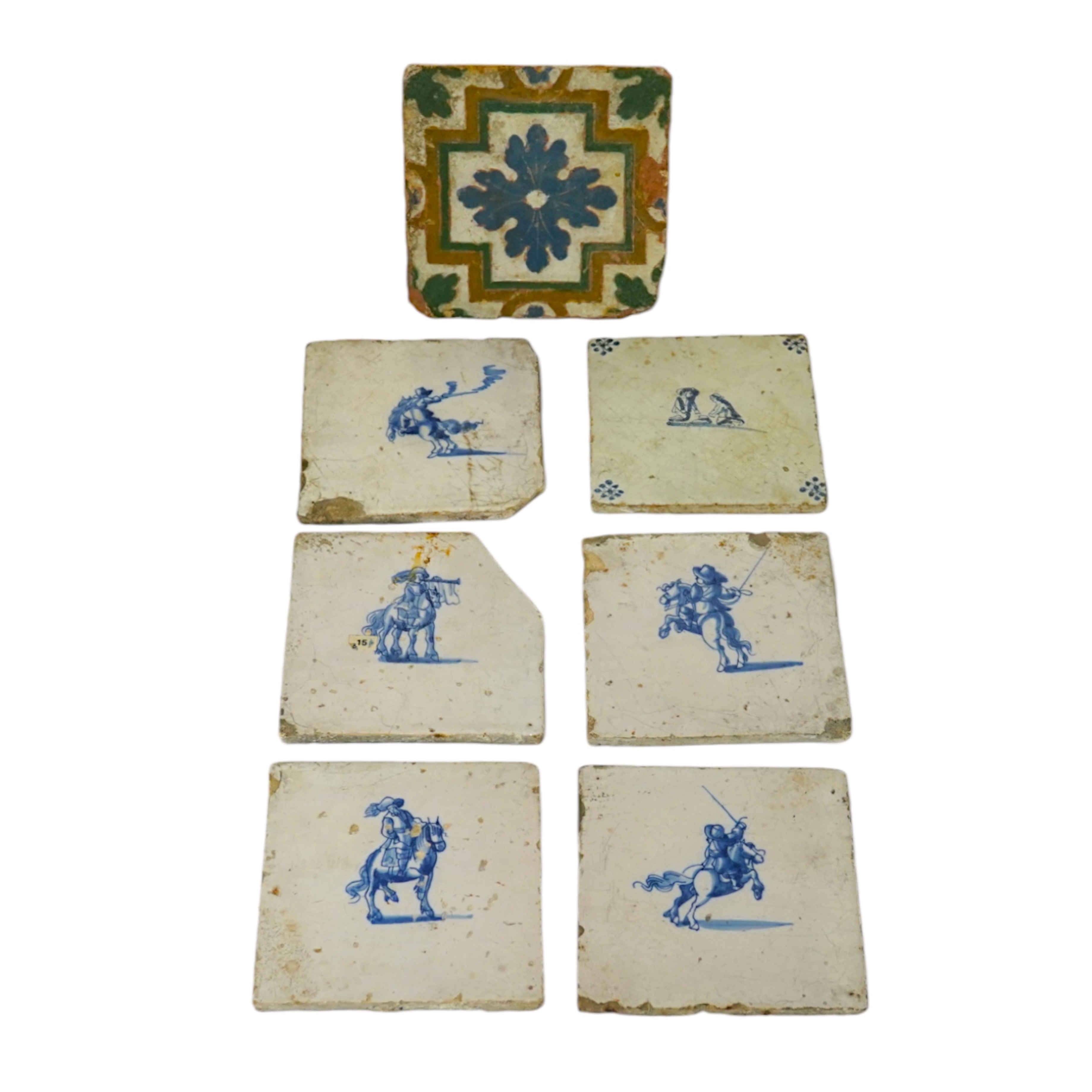 A collection of six assorted Delft tiles and one other, 18th century. Condition - varies